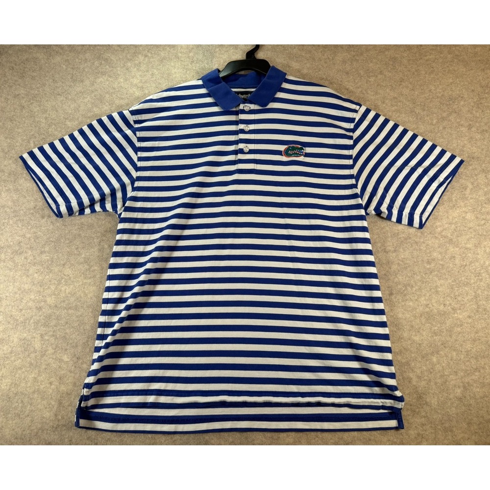 Ashworth Mens Florida Gators Striped‎ Golf Polo Shirt Blue White Cotton Large